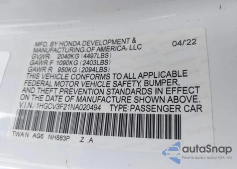 2022 Honda Accord Hybrid Sport из США, поврежденный, VIN 1HGCV3F21NA020494